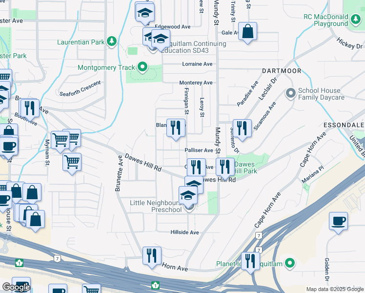 map of restaurants, bars, coffee shops, grocery stores, and more near 250 Finnigan Street in Coquitlam