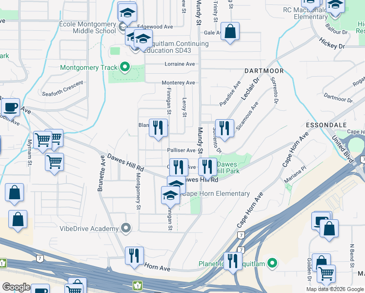 map of restaurants, bars, coffee shops, grocery stores, and more near 2139 Palliser Avenue in Coquitlam