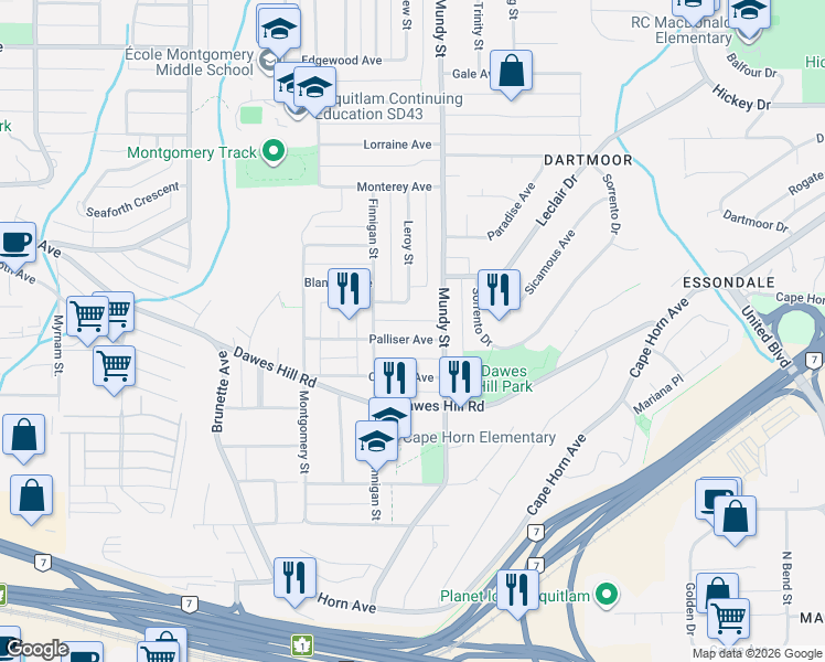 map of restaurants, bars, coffee shops, grocery stores, and more near 2149 Palliser Avenue in Coquitlam