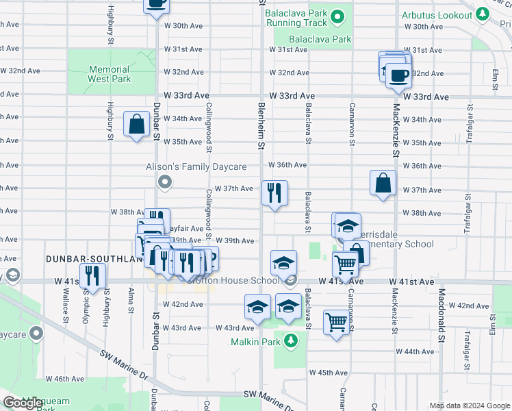 map of restaurants, bars, coffee shops, grocery stores, and more near 3315 West 38th Avenue in Vancouver