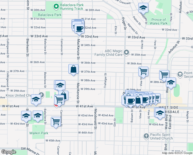 map of restaurants, bars, coffee shops, grocery stores, and more near 2755 West 38th Avenue in Vancouver
