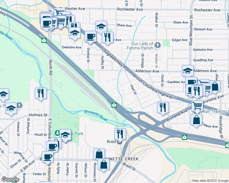 map of restaurants, bars, coffee shops, grocery stores, and more near 624 Girard Avenue in Coquitlam