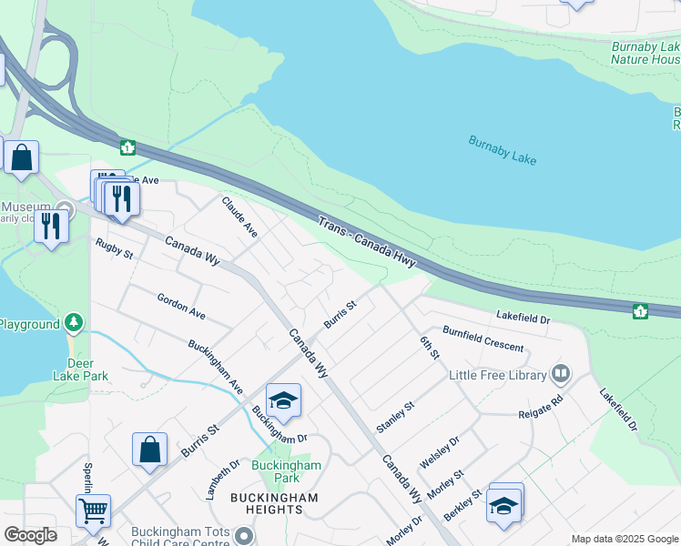map of restaurants, bars, coffee shops, grocery stores, and more near 5741 Mayview Circle in Burnaby