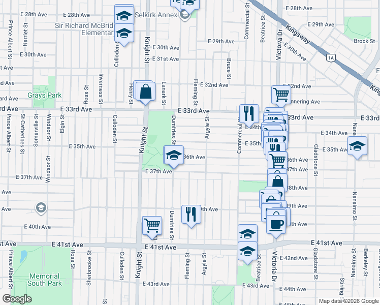 map of restaurants, bars, coffee shops, grocery stores, and more near 1607 East 36th Avenue in Vancouver