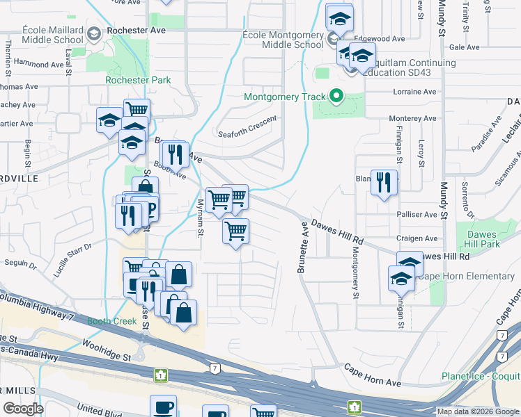 map of restaurants, bars, coffee shops, grocery stores, and more near 1724 Brunette Avenue in Coquitlam