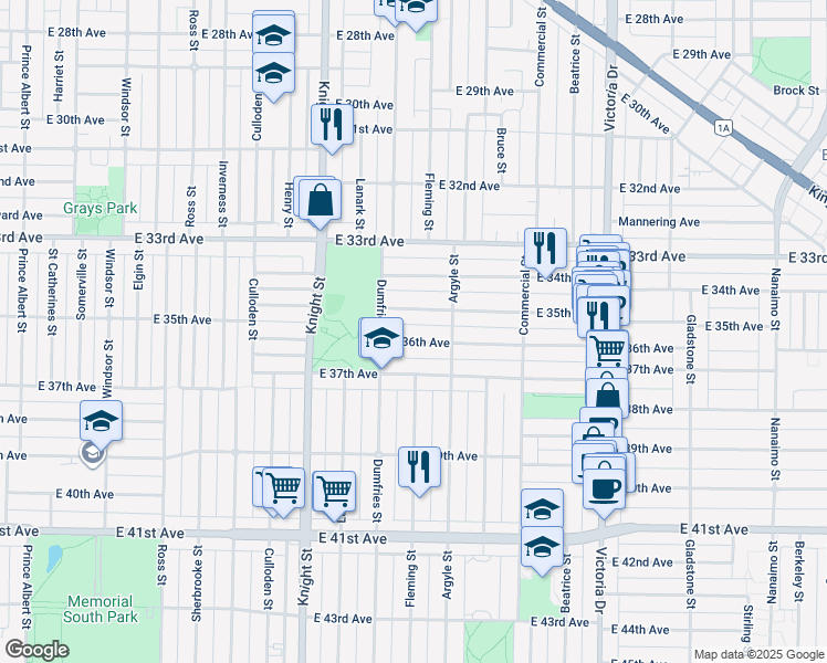 map of restaurants, bars, coffee shops, grocery stores, and more near 1595 East 36th Avenue in Vancouver