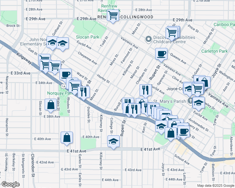 map of restaurants, bars, coffee shops, grocery stores, and more near 5128 Killarney Street in Vancouver