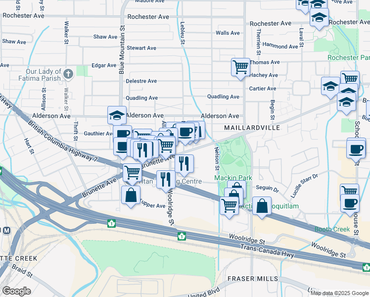 map of restaurants, bars, coffee shops, grocery stores, and more near in Coquitlam