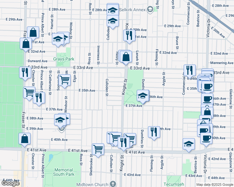 map of restaurants, bars, coffee shops, grocery stores, and more near 1365 East 36th Avenue in Vancouver