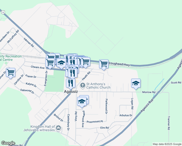 map of restaurants, bars, coffee shops, grocery stores, and more near 1884 Heath Road in Agassiz