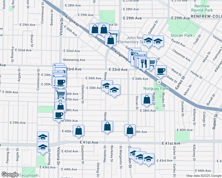 map of restaurants, bars, coffee shops, grocery stores, and more near 5131 Highgate Street in Vancouver