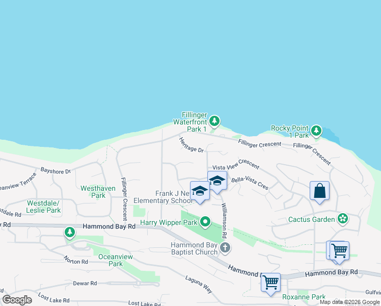 map of restaurants, bars, coffee shops, grocery stores, and more near 143 Heritage Drive in Nanaimo