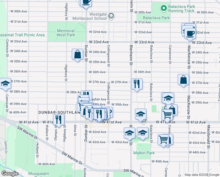 map of restaurants, bars, coffee shops, grocery stores, and more near 3491 West 38th Avenue in Vancouver