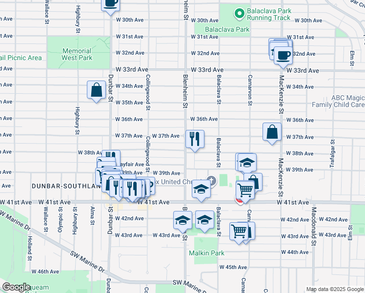 map of restaurants, bars, coffee shops, grocery stores, and more near 3315 West 38th Avenue in Vancouver