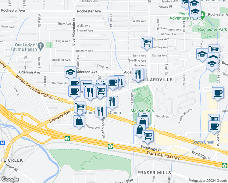 map of restaurants, bars, coffee shops, grocery stores, and more near in Coquitlam