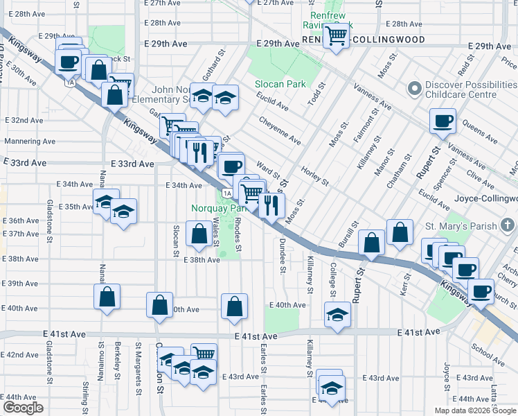 map of restaurants, bars, coffee shops, grocery stores, and more near 2751 Kingsway in Vancouver