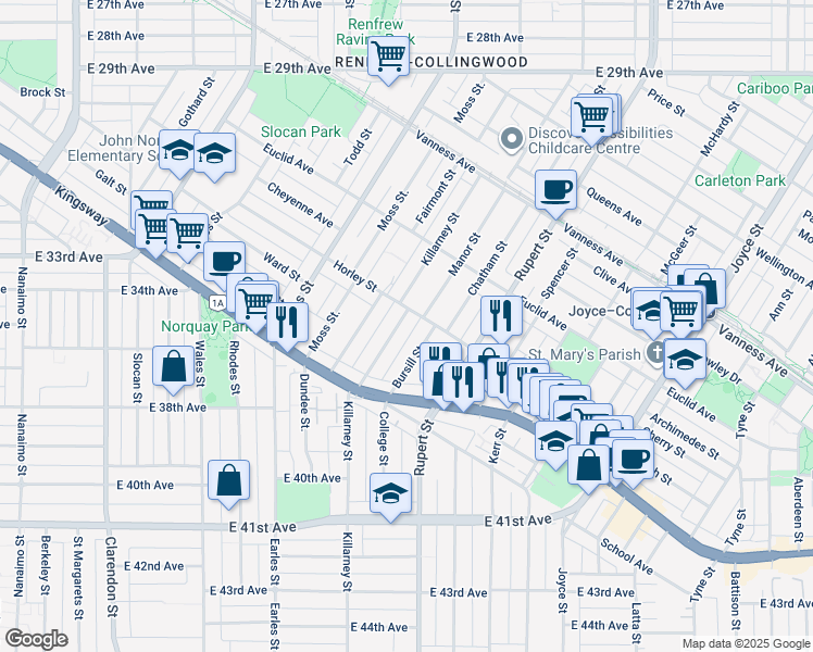 map of restaurants, bars, coffee shops, grocery stores, and more near 5120 Killarney Street in Vancouver