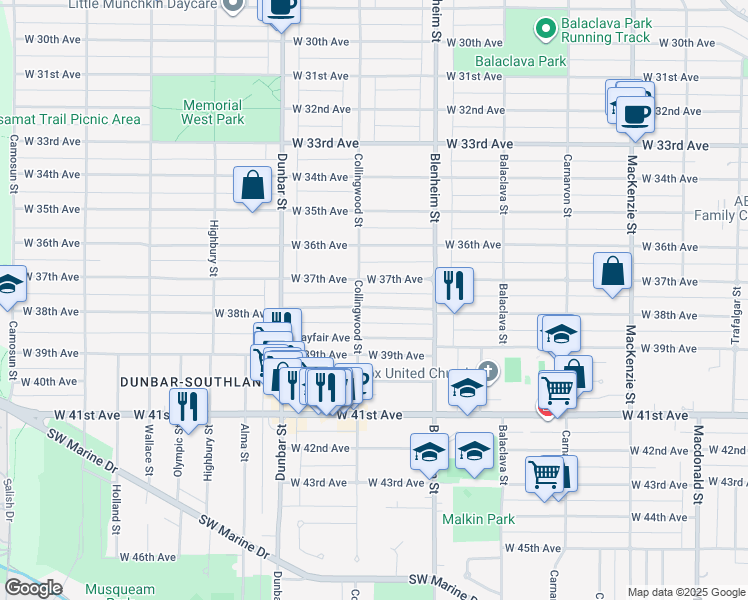 map of restaurants, bars, coffee shops, grocery stores, and more near 3463 West 38th Avenue in Vancouver