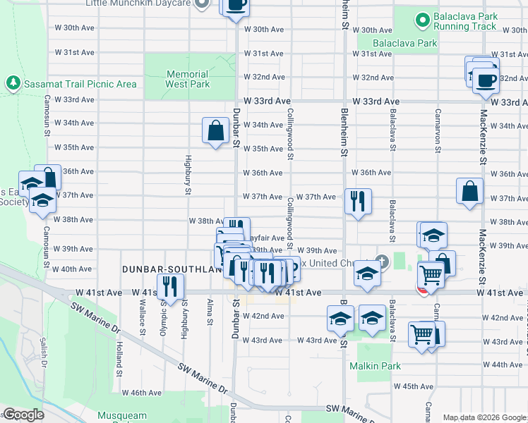 map of restaurants, bars, coffee shops, grocery stores, and more near 3547 West 38th Avenue in Vancouver