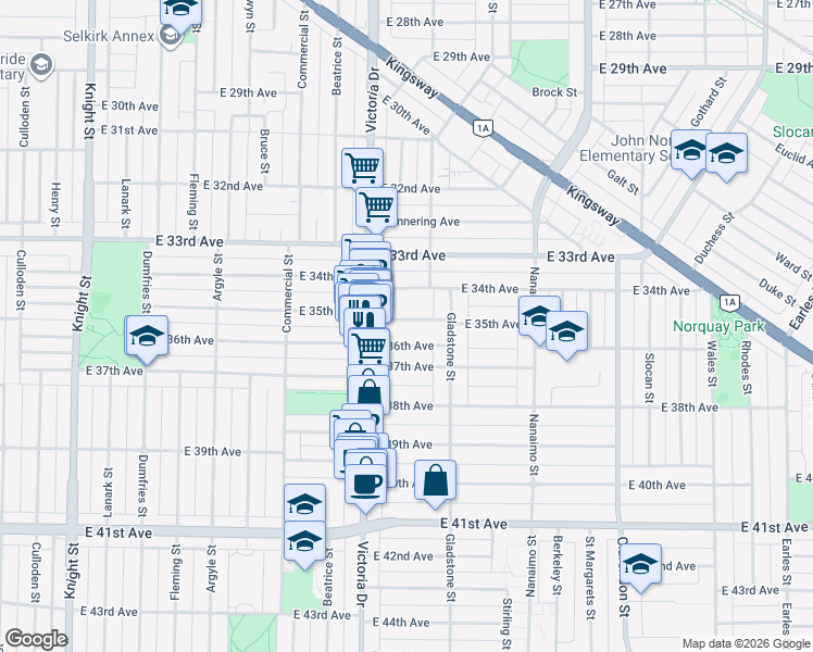 map of restaurants, bars, coffee shops, grocery stores, and more near 2086 East 35th Avenue in Vancouver