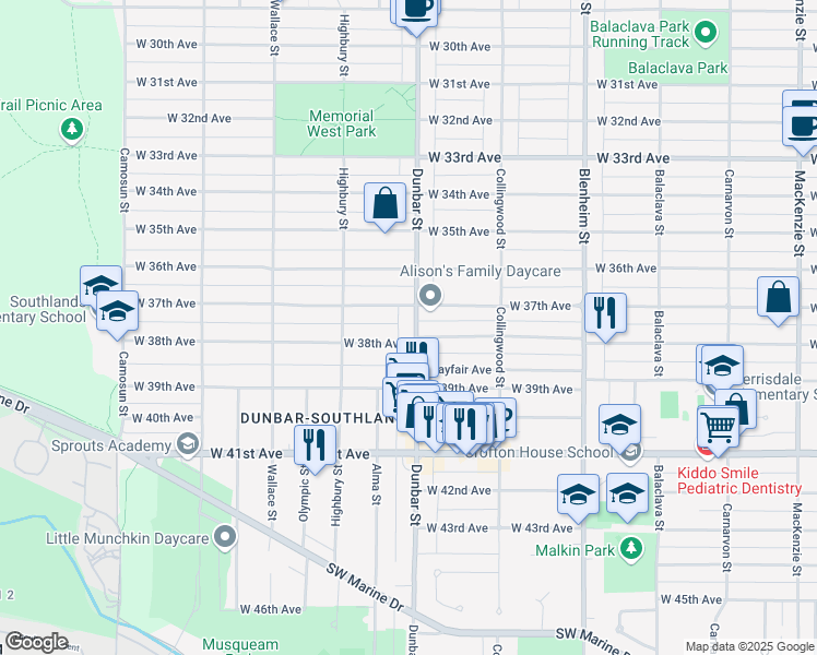 map of restaurants, bars, coffee shops, grocery stores, and more near 5359 Dunbar Street in Vancouver