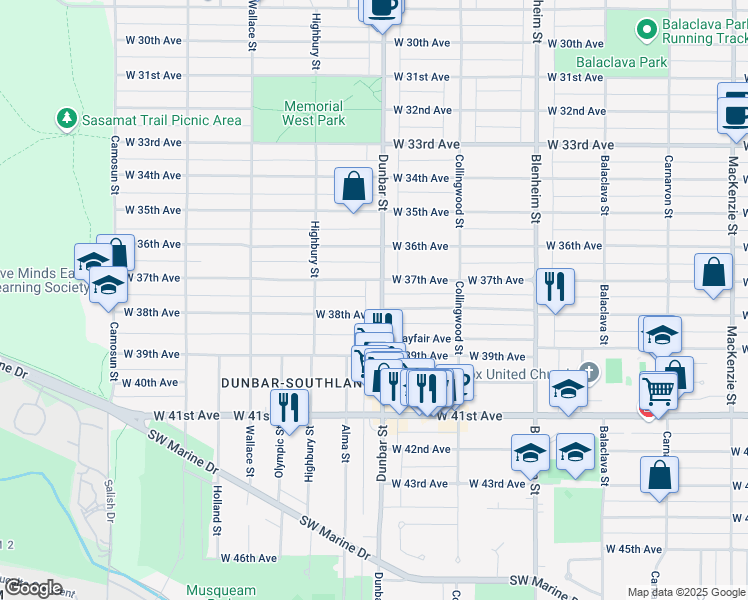 map of restaurants, bars, coffee shops, grocery stores, and more near 5359 Dunbar Street in Vancouver