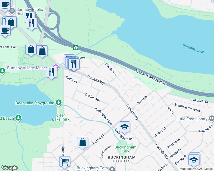 map of restaurants, bars, coffee shops, grocery stores, and more near 5570 Rugby Street in Burnaby