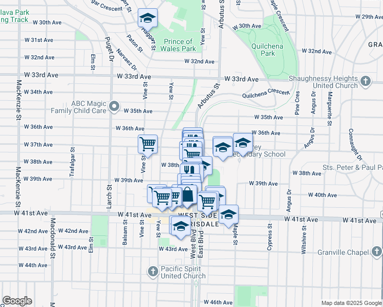 map of restaurants, bars, coffee shops, grocery stores, and more near in Vancouver
