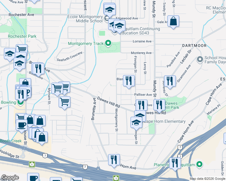 map of restaurants, bars, coffee shops, grocery stores, and more near 252 Montgomery Street in Coquitlam