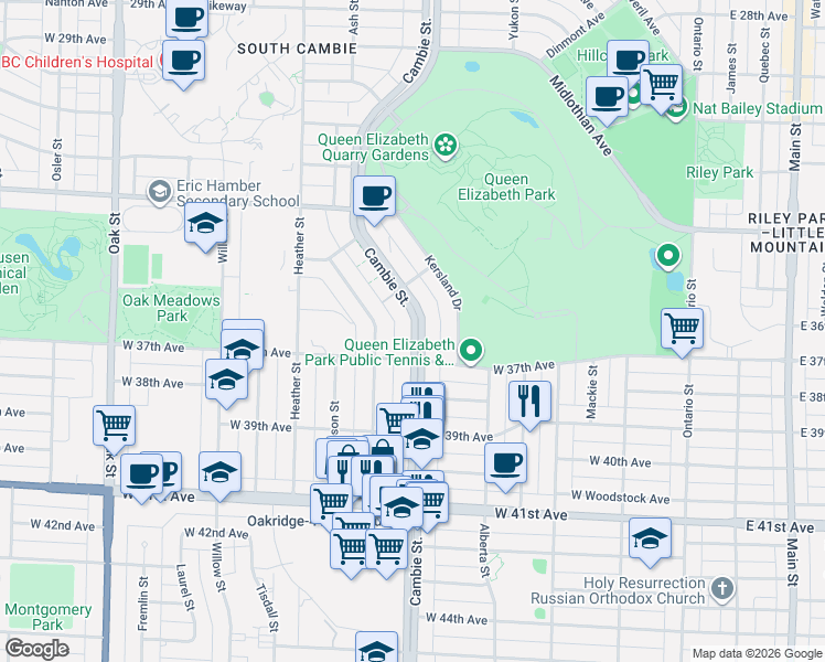 map of restaurants, bars, coffee shops, grocery stores, and more near 5189 Cambie Street in Vancouver
