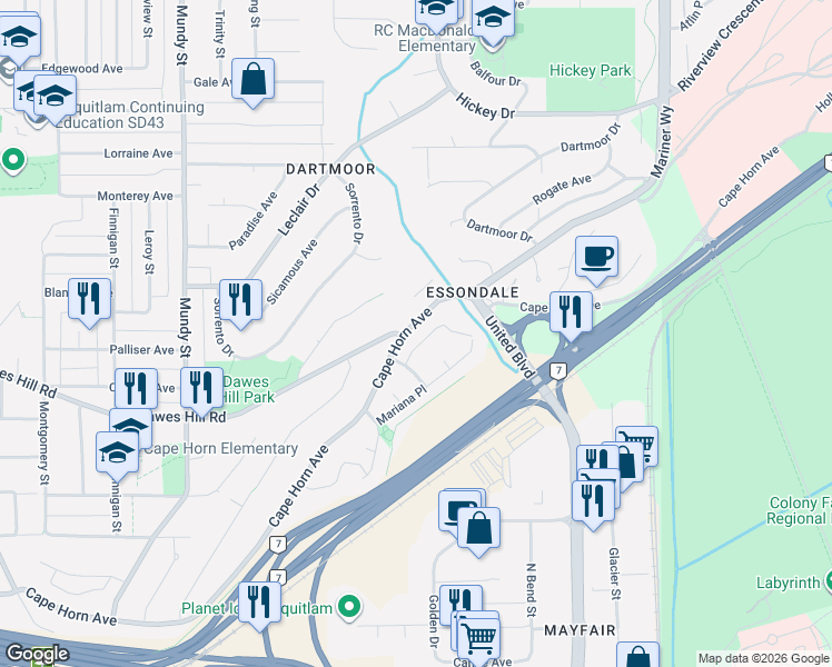 map of restaurants, bars, coffee shops, grocery stores, and more near 2411 Magellan Court in Coquitlam