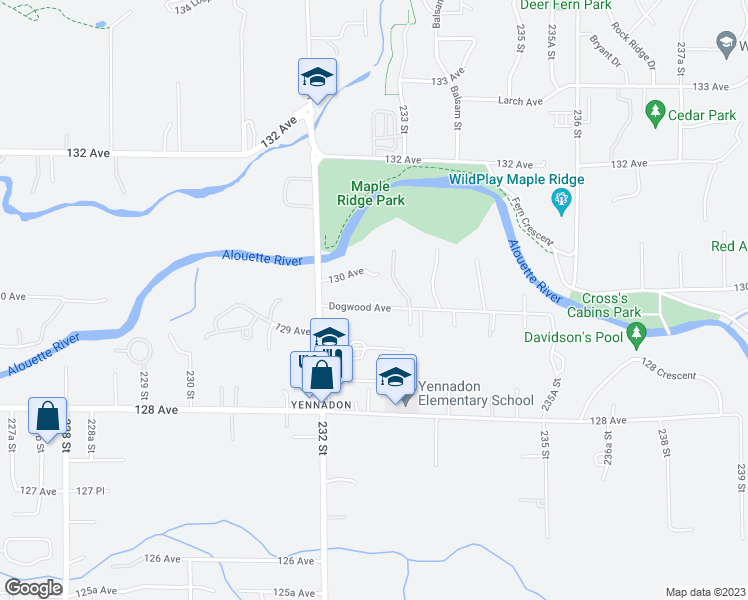 map of restaurants, bars, coffee shops, grocery stores, and more near 23287 Dogwood Avenue in Maple Ridge