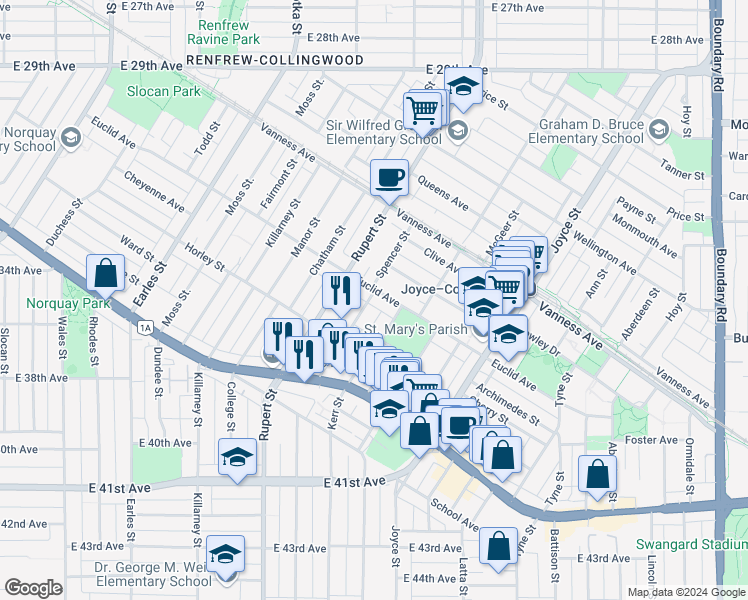map of restaurants, bars, coffee shops, grocery stores, and more near 3208 Euclid Avenue in Vancouver