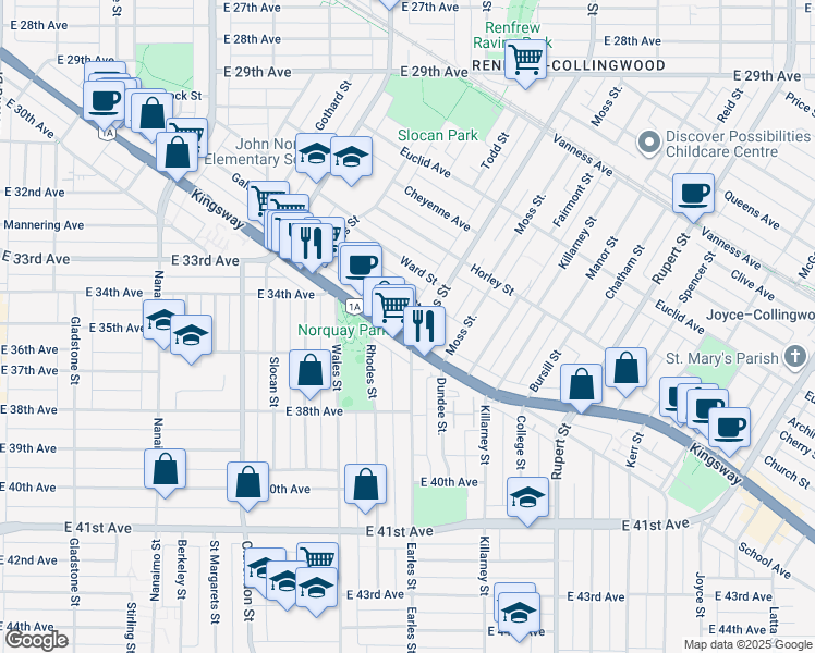 map of restaurants, bars, coffee shops, grocery stores, and more near in Vancouver