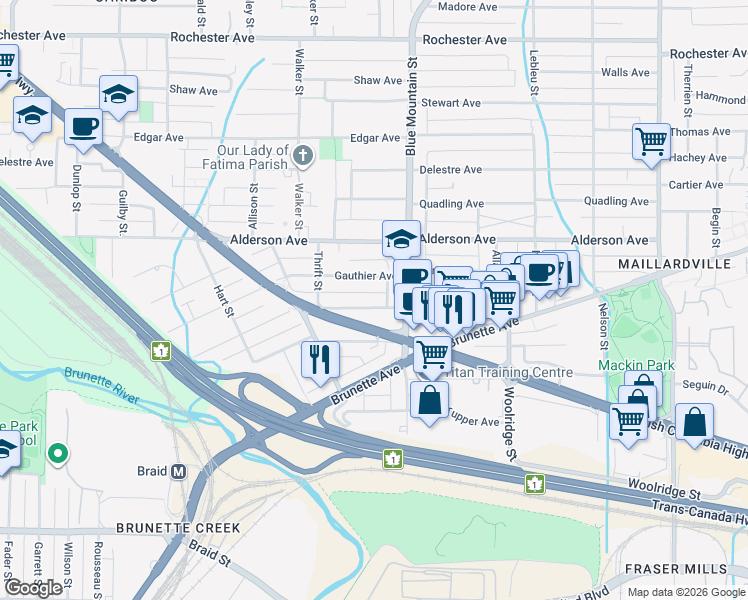 map of restaurants, bars, coffee shops, grocery stores, and more near in Coquitlam