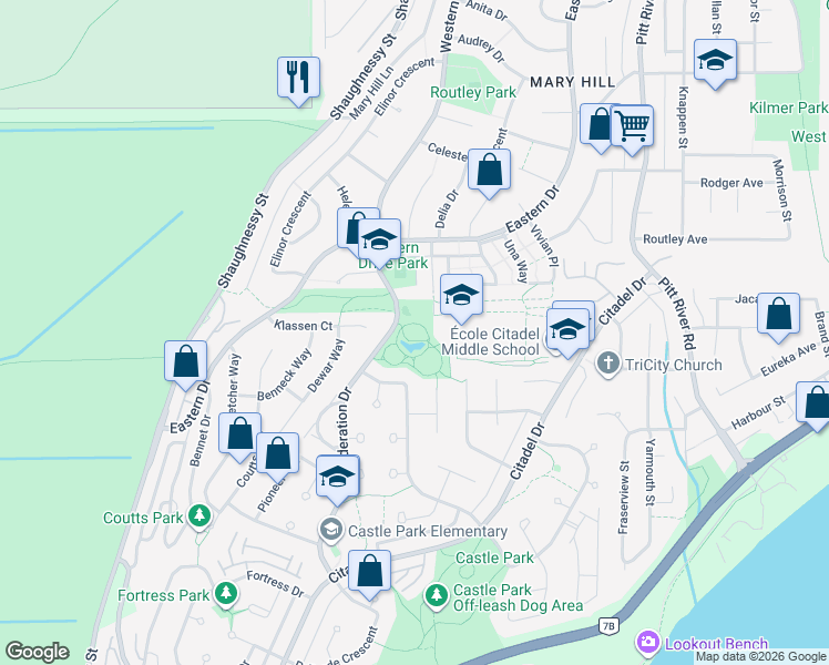 map of restaurants, bars, coffee shops, grocery stores, and more near 1250 Confederation Drive in Port Coquitlam