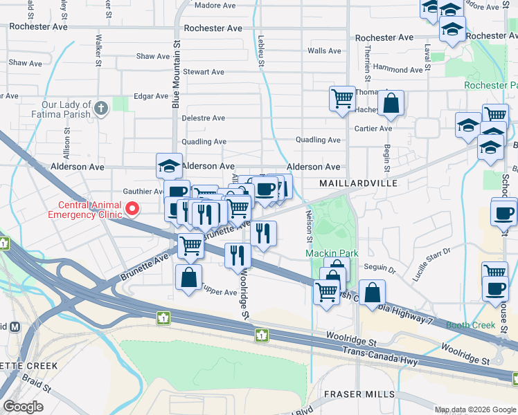 map of restaurants, bars, coffee shops, grocery stores, and more near 202 Lebleu Street in Coquitlam