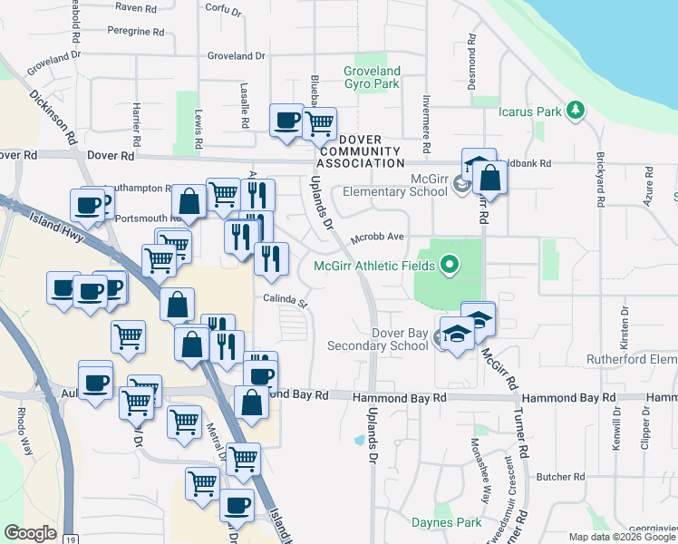 map of restaurants, bars, coffee shops, grocery stores, and more near 6310 Mcrobb Avenue in Nanaimo