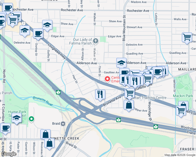 map of restaurants, bars, coffee shops, grocery stores, and more near 228 Thrift Street in Coquitlam