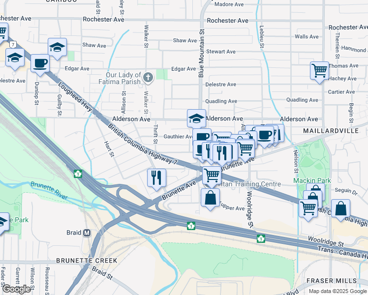 map of restaurants, bars, coffee shops, grocery stores, and more near in Coquitlam