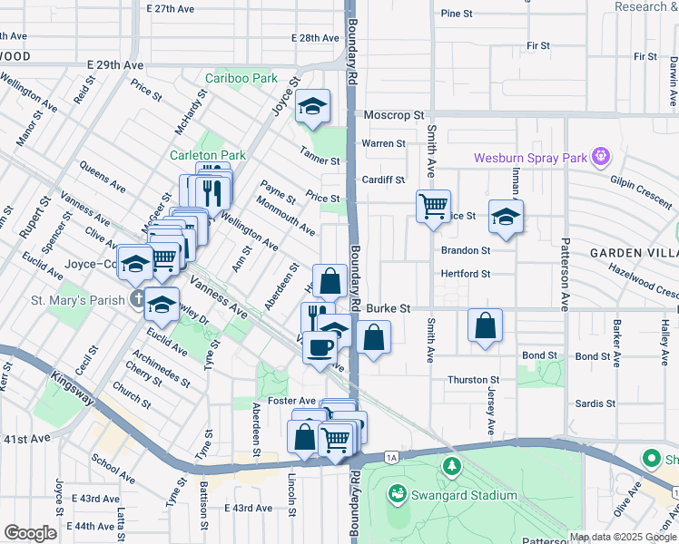 map of restaurants, bars, coffee shops, grocery stores, and more near in Vancouver