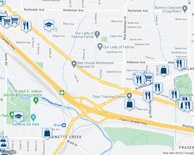 map of restaurants, bars, coffee shops, grocery stores, and more near 803 Lougheed Highway in Coquitlam