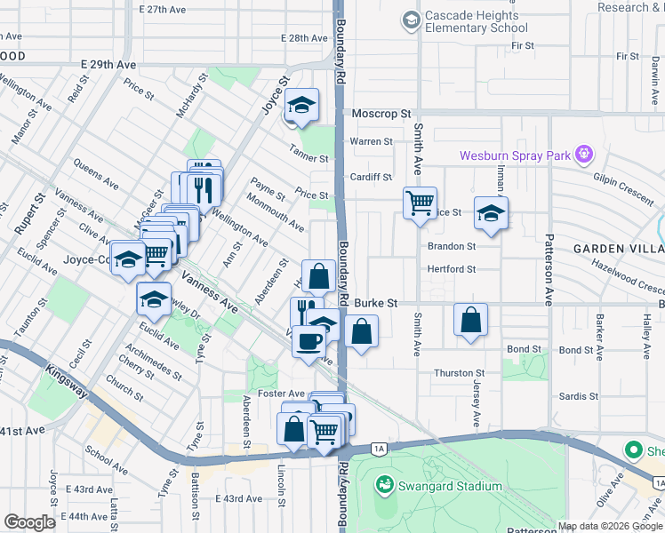 map of restaurants, bars, coffee shops, grocery stores, and more near 3683 Wellington Avenue in Vancouver