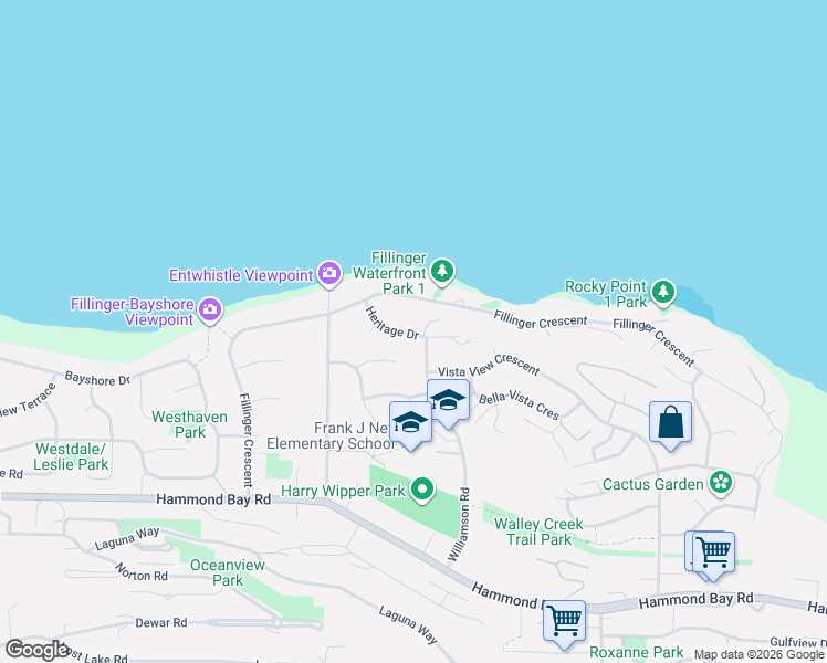 map of restaurants, bars, coffee shops, grocery stores, and more near 130 Heritage Drive in Nanaimo