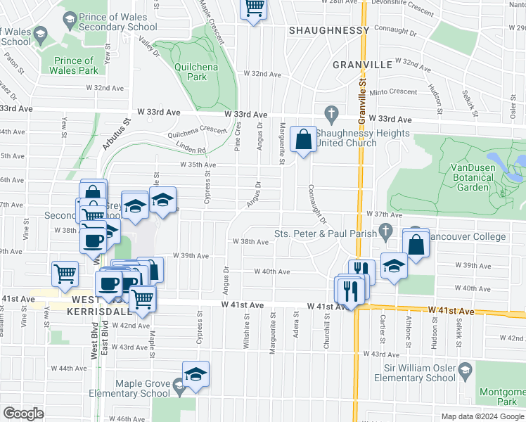 map of restaurants, bars, coffee shops, grocery stores, and more near 1736 West 37th Avenue in Vancouver