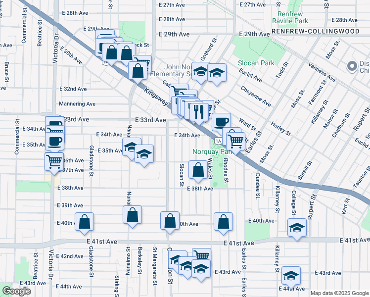 map of restaurants, bars, coffee shops, grocery stores, and more near 5092 Slocan Street in Vancouver