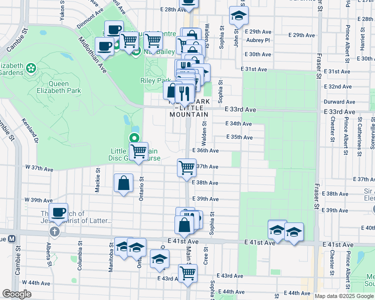 map of restaurants, bars, coffee shops, grocery stores, and more near Main Street & East 36th Avenue in Vancouver
