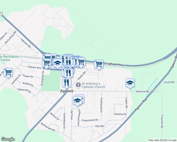 map of restaurants, bars, coffee shops, grocery stores, and more near 1854 Heath Road in Agassiz