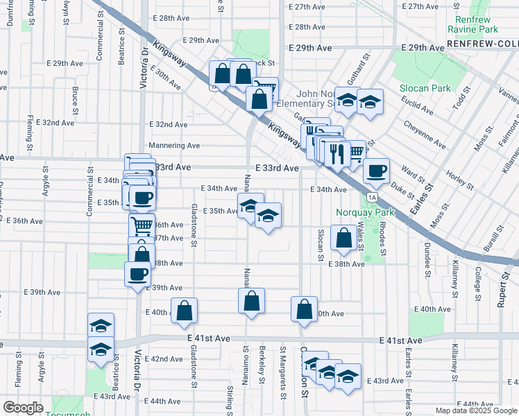 map of restaurants, bars, coffee shops, grocery stores, and more near 5093 Highgate Street in Vancouver