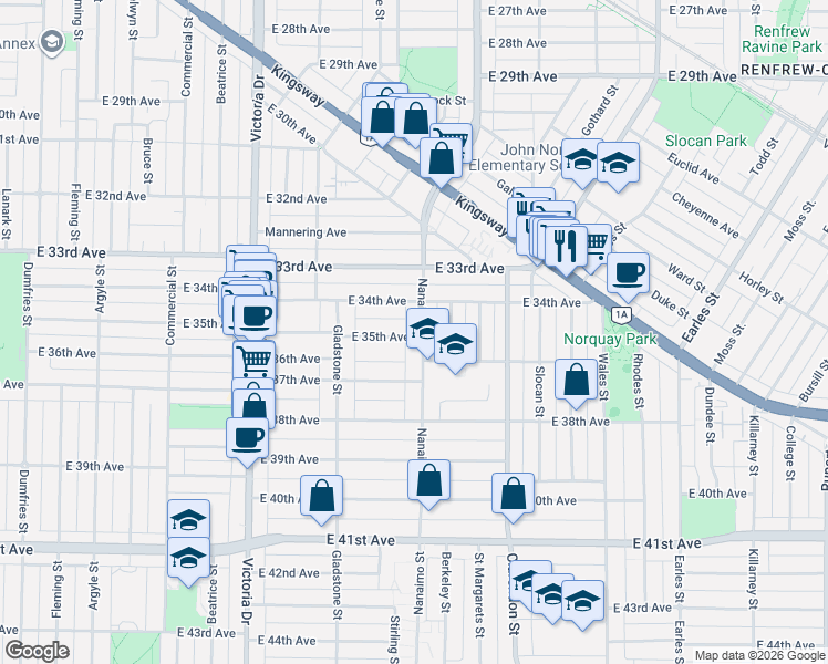 map of restaurants, bars, coffee shops, grocery stores, and more near 5095 Nanaimo Street in Vancouver